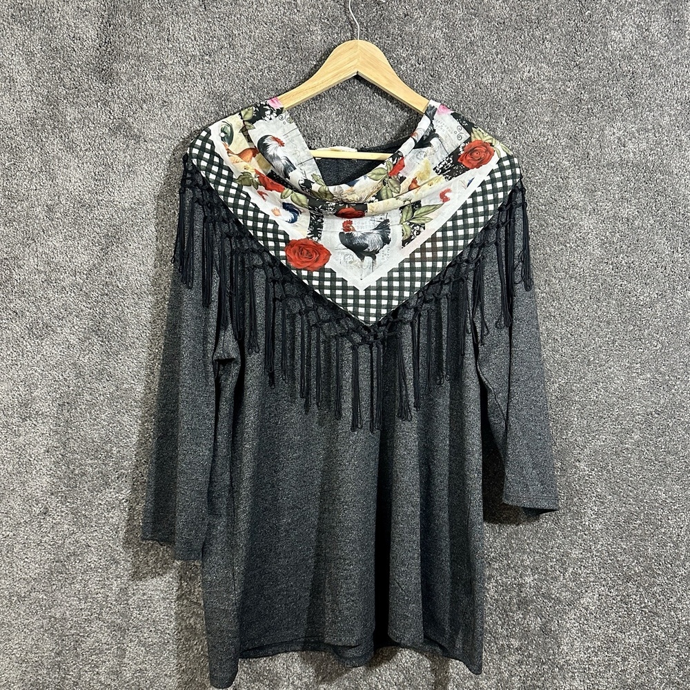 Cactus + Pearl Tunic Top L Rooster Floral Fringe Removable Cowl Scarf Farmhouse